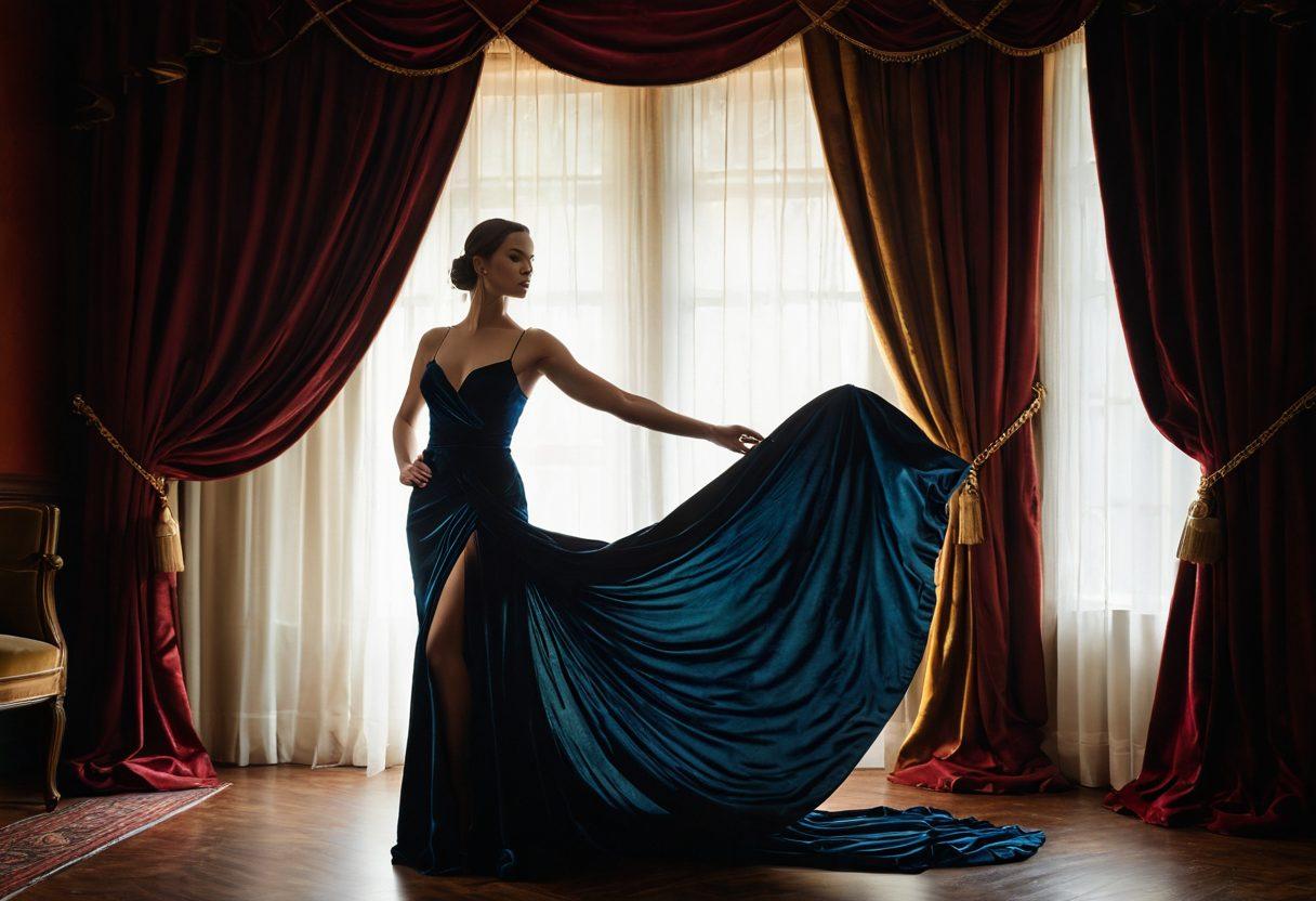 A captivating composition featuring an elegant, dimly-lit room adorned with plush velvet curtains and soft, ambient lighting. In the foreground, a graceful figure in an alluring pose, draped in sheer fabrics, evokes a sense of mystery and seduction. Surrounding the figure, artistic representations of intimate moments and sensuality, blending seamlessly into the background. A palette of rich, deep colors adds an exotic flair, enticing the viewer’s imagination. super-realistic. vibrant colors. soft focus.