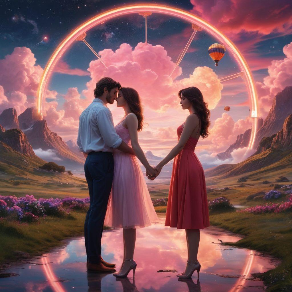 A captivating fusion of a fantasy realm and a realistic setting, featuring a diverse group of people joyfully interacting and forming connections, intertwined with elements of adult film motifs like film reels and romantic symbols. The background showcases a dreamy landscape with soft clouds and twinkling stars, creating a sense of allure and intimacy. Bold, vibrant colors to emphasize the energy and passion of consensual relationships. super-realistic. vibrant colors. dreamy aesthetic.