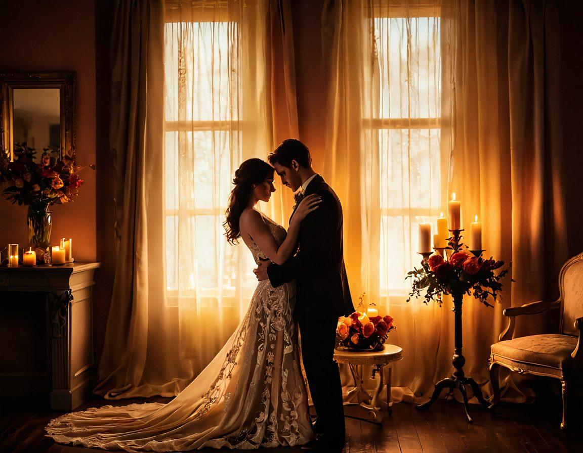 A dreamy, intimate scene depicting a couple embracing in a soft, candle-lit room adorned with silk and lace fabric. The atmosphere is filled with warmth and candlelight, enhancing the theme of romance and sensuality. Subtle hints of adult media artistry can be integrated into the background, such as tasteful artwork or blurred silhouettes. The color palette should be rich and inviting with deep reds, golds, and soft pastels. super-realistic. warm tones. soft focus.